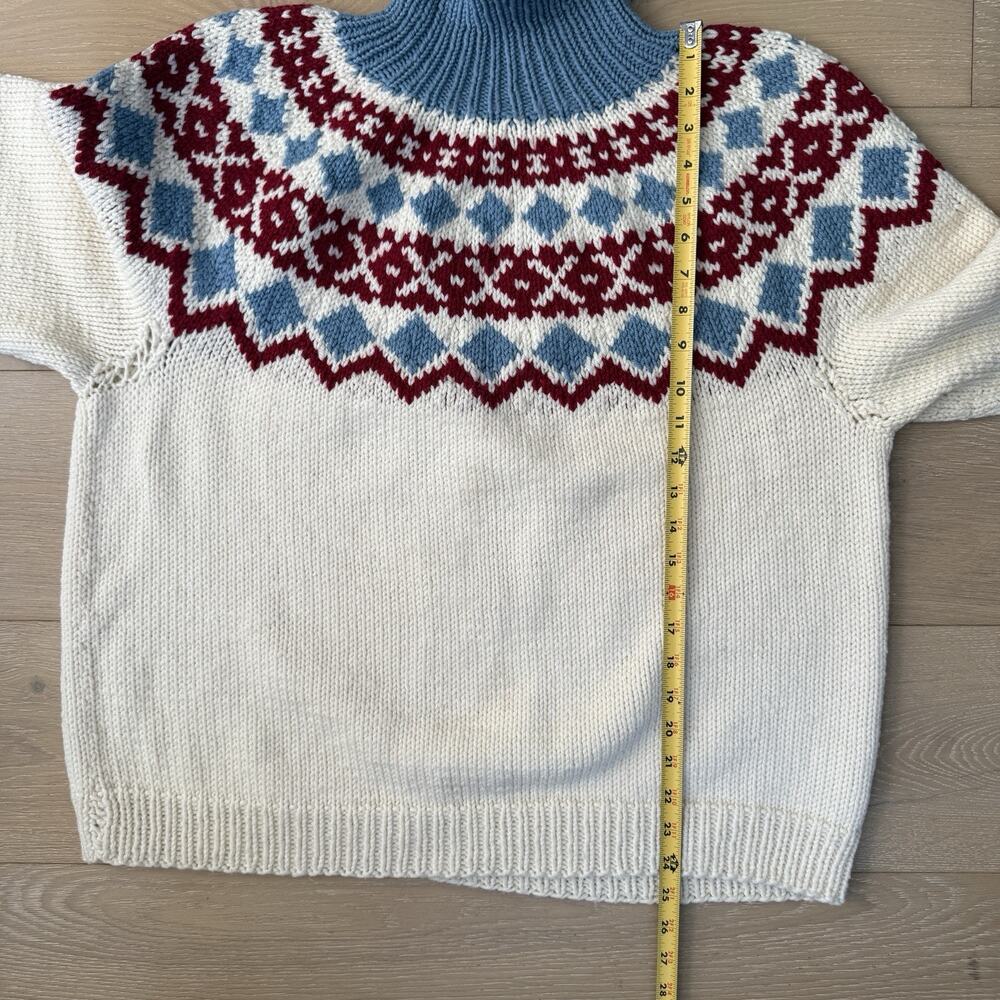Vintage Icelandic Fair Isle Sweater Handmade White Blue Red Yolk L Non Wool - Picture 6 of 10
